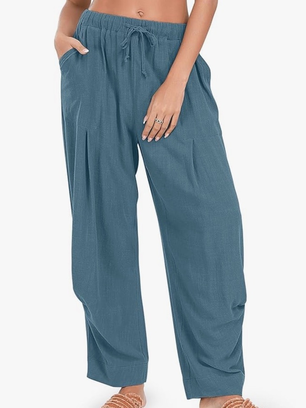 Wide Leg Drawstring Pants - Blue